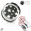 Pair Of Pink Star Pattern Print Encased Clear Acrylic Saddle Fit Plugs