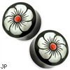 Pair Organic Buffalo Horn Saddle Fit Plugs with Red Centered Abalone Flower Inlay