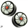 Pair Organic Buffalo Horn Saddle Fit Plugs with Red Centered Abalone Flower Inlay