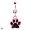 Paw with Black Enamel Plating And Pink Outline Dangle Surgical Steel Navel Ring