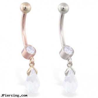 14K Gold Belly Ring With Bezel Set CZ And Dangling Tear Drop CZ, gold body piercing jewelry, 14 katet gold belly ring, solid gold navel rings, shedevil belly rings, belly ring studs