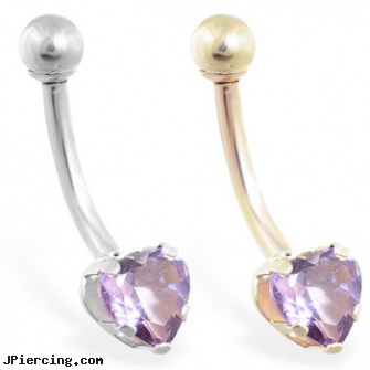 14K Gold belly ring with light 6mm amethyst  heart, pierced cock rings gold, gold diamond nose stud ring, 14kt gold plated body jewelry, brittney spears belly button ring, belly jewelery