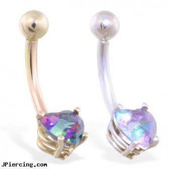 14K Gold belly ring with mystic topaz 6mm CZ heart, gold belly rings, 14kt gold belly ring, gold body jewelry wholesale, cost of belly button piercing in new jersey, belly rings nfl