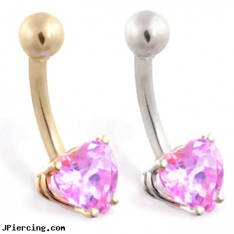 14K Gold belly ring with pink tourmaline 6mm CZ heart, gold belly button rings, belly button ring gold reverse, body piercing jewellery gold, flexible belly rings, ferrarri belly button rings
