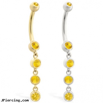 14K Gold belly ring with quadruple Citrine dangle, navel jewelry gold, 18k gold body jewelery, gold mermaid body jewelry, cheerleader belly rings titanium or sterling silver, gothic belly button ring