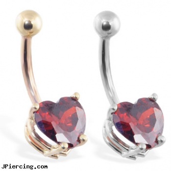 14K Gold belly ring with ruby red 8mm CZ heart, gold nose rings from pakistan, pierced cock rings gold, solid gold tongue ring, belly button ring pictures, navel rings belly button