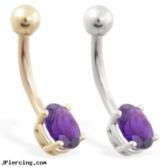 14K Gold belly ring with small amethyst oval, gold eyebrow ring, gold nipple jewelry, gold labret, pink heart belly ring, belly jewelry