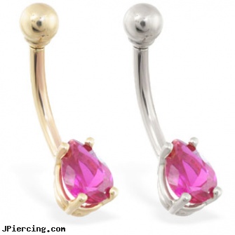 14K Gold belly ring with small fuchsia teardrop CZ, gold belly jewelry, 18k gold body jewelery, pierced cock rings gold, belly piercing kit, kuma sutra belly button rings