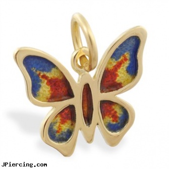 14K Gold Butterfly Enameled Pendant, white gold belly button rings, gold nipple piercing rings, 14k gold body jewelry, uv butterfly gem navel belly ring, 14 butterfly belly rings photos