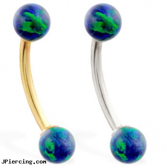14K Gold curved barbell with Blue Green opal balls, gold belly button rings, gold nose rings from pakistan, golden retriever belly button rings, curved barbell jewelry, curved penis
