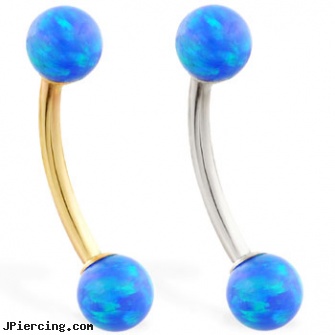 14K Gold curved barbell with Blue opal balls, 14 kt gold plated belly button navel ring, india nose pin nose stud nose ring gold diamond retail, 18k gold body jewelery, curved spike labret jewlery, 14 gauge curved barbell