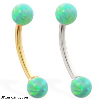 14K Gold curved barbell with Green opal balls, gold nose screws, 14k gold navel jewelry, gold belly button jewelry to buy, body jewelry curved nose bones, curved barbell