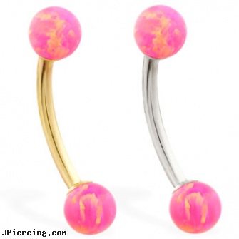 14K Gold curved barbell with Pink opal balls, gold belly rings, gold belly button ring, gold nipple piercing rings, 14 gauge curved barbell, labret curved spike
