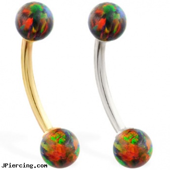 14K Gold curved barbell with Rainbow opal balls, 14k gold belly button rings jewelry, 14 gold nose stud, gold plated belly button rings, body jewelry curved nose bones, uv curved barbell