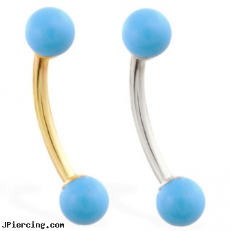 14K Gold curved barbell with Turquoiseballs, gold plated straight barbell eyebrow jewelry, harley davidson gold navel rings, gold opal belly button ring, labret curved spike, piercings 6mm curved barbell