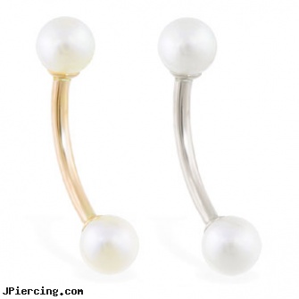 14K gold curved barbell with white pearl ball, gold body jewelry, fake gold nose ring, gold pierced nipple jewelry, curved barbell, body jewelry curved nose bones
