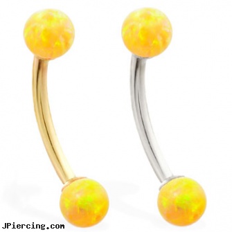 14K Gold curved barbell with Yellow opal balls, gold belly rings, gold piercing, gold tongue rings, curved labret rings, curved earrings screw balls