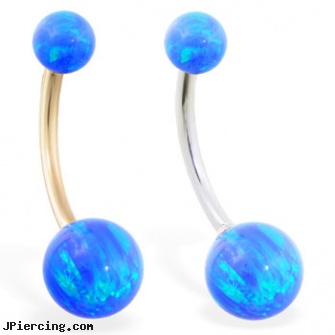 14K Gold Gorgeous Blue Opal Belly Ring, solid gold navel rings, gold nose screws, gold belly button ring, body jewelry blue heart, black and blue titainum tongue rings