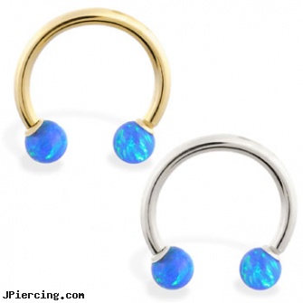 14K Gold Horseshoe/Circular Barbell with Blue Opal Balls, white gold top down navel rings, gold nautical body jewelry, solid gold body jewelry, barbells and body piercings, ear piercing barbells