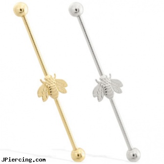 14K Gold Industrial Straight Barbell With Bumble Bee Charm, gold belly button jewelry, 14k gold plated belly button navel ring, gold bellybutton rings, double industrial ear piercings, industrial piercing barbells