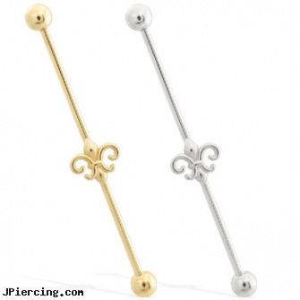 14K Gold Industrial Straight Barbell With Fleur-De-Lis Charm, india nose pin nose stud nose ring gold diamond retail, gold nose screws, sexual gold charms, industrial strength body jewelry, pictures of industrial piercing