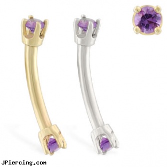 14K Gold internally threaded curved barbell with amethyst gems, 16 ga gold body jewelry, 22 gold nose rings, 14 kt gold plated belly button navel ring, internally threaded straight barbells, belly ring titanium internally threaded