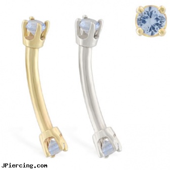 14K Gold internally threaded curved barbell with aquamarine gems, white gold body jewelry, gold body jewelry wholesale, gold nipple jewelry, internally threaded body piercing jewelry, internally threaded body jewelry