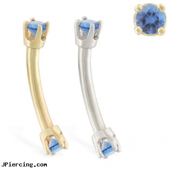 14K Gold internally threaded curved barbell with blue zirconia gems, gold nipple rings, nipple rings gold, peircing prices goldsboro, belly ring titanium internally threaded, internally threaded body jewelry