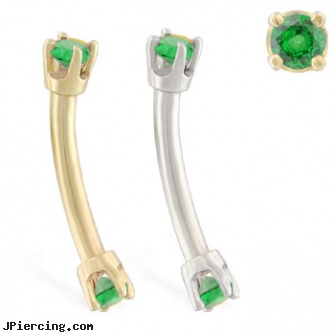 14K Gold internally threaded curved barbell with Emerald gems, gold piercing, gold nose stud, gold frenum cock ring, belly ring titanium internally threaded, internally threaded body piercing jewelry