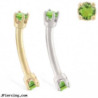 14K Gold internally threaded curved barbell with peridot gems, 14kt gold body jewelry, gold clit charms, gold cock ring, internally threaded body jewelry, internally threaded body piercing jewelry