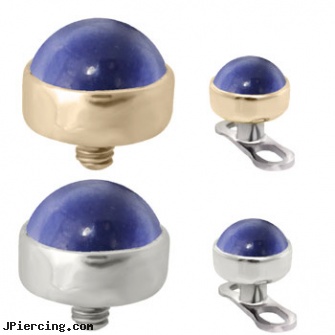 14K Gold Internally Threaded Dermal Top Ball with 4mm Lab Created Sapphire Cabochon, 14 kt gold belly ring, gold piercing jewelry, 14 gold nose stud, belly ring titanium internally threaded, internally threaded straight barbells