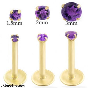 14K Gold internally threaded labret with amethyst, gold eyebrow jewelry, gold tongue jewelry, 14 gold plated belly rings, internally threaded body piercing jewelry, internally threaded body jewelry