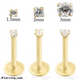 14K Gold internally threaded labret with Cubic Zirconia, gold cock rings, solid gold plugs gauge, gold body jewlery, internally threaded body jewelry, internally threaded body piercing jewelry