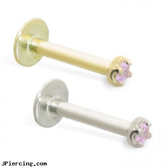 14K Gold internally threaded labret with pink 1mm CZ, gold body piercing, gold piercing jewelry, solid gold tongue ring, internally threaded body jewelry, internally threaded straight barbells