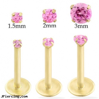 14K Gold internally threaded labret with Pink Tourmaline, gold cock ring, gold belly rings, gold pierced nipple jewelry, belly ring titanium internally threaded, internally threaded body piercing jewelry