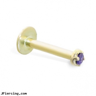 14K Gold Internally Threaded Labret with Purple 1.5mm CZ, 14k gold body jewelry, gold body piercing, white gold navel ring, internally threaded straight barbells, belly ring titanium internally threaded