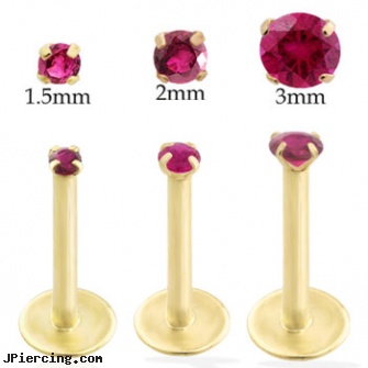 14K Gold internally threaded labret with Ruby, gold tongue jewelry, solid gold plugs gauge, 18k gold belly ring, internally threaded body piercing jewelry, belly ring titanium internally threaded