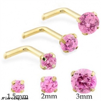14K Gold L-shape nose pin with Round Pink Tourmaline, real gold nipple rings, body piercing jewellery gold, white gold navel ring, flower shaped labret jewerly, penis shapes
