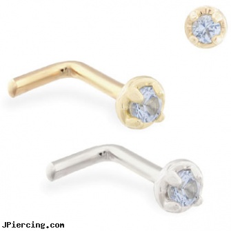 14K Gold L-shaped nose pin with 1.5mm Blue Zircon gem, gold nipple rings, gold frenum cock ring, gold opal belly button ring, shaped nose studs, heart shaped belly button ring
