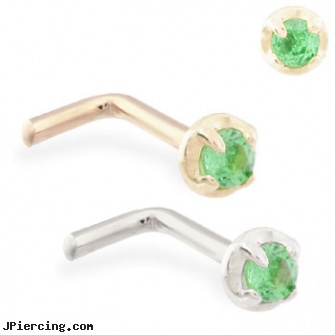 14K Gold L-shaped nose pin with 1.5mm Emerald gem, gold genital jewelry, gold nose ring, gold navel piercings, horseshoe shaped items, flower shaped labret jewerly