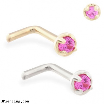 14K Gold L-shaped nose pin with 1.5mm Ruby gem, navel jewelry gold, white gold belly ring, 14k gold body jewelry, flower shaped labret jewerly, shaped nose studs