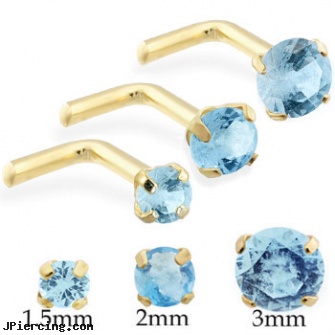 14K Gold L-shaped nose pin with Round Aquamarine, gold labrets, belly button ring gold reverse, gold crystal belly button ring, 18ga l-shaped nose stud, shaped nose pins at wholesale