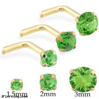 14K Gold L-shaped Nose Pin with Round Peridot, belly rings gold, bannana belly ring discount gold, yellow gold diamond nose ring, crescent shaped piercing expanders, 18ga l-shaped nose stud