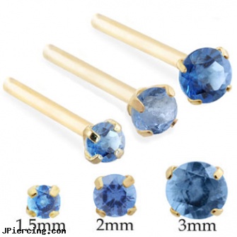 14K Gold Long customizable Nose Stud with Round Blue Zircon, 14 kt white gold belly button rings, gold tongue rings, gold pictures, how long will it take for tongue piercing to close, how long does it take for ear piercing to heal