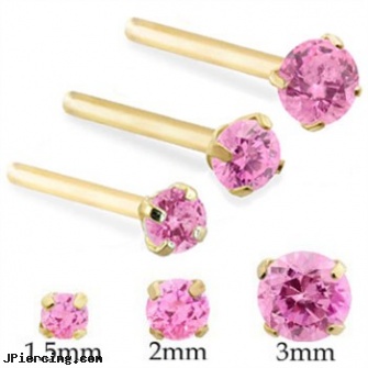 14K Gold Long Customizable Nose Stud with Round Pink Tourmaline, gold nose stud, ear cuff jewelry gold, 14k gold belly button rings jewelry, how long does it take cartilage piercings to heal, long belly botton rings