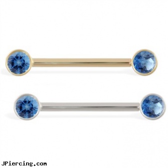 14K Gold Nipple Ring with Bezel Setting Blue Zircon Gems, 14 Ga, gold tongue ring, gold nipple jewelry, 14 gold plated belly rings, cartoons and nipple peircing, pierced and nipple rings