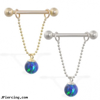 14K Gold nipple ring with dangling blue green opal ball on chain, 14 ga, 16 ga gold body jewelry, gold belly jewelry, gold diamond body jewelry, nipple piercings age scotland, guys nipple ring