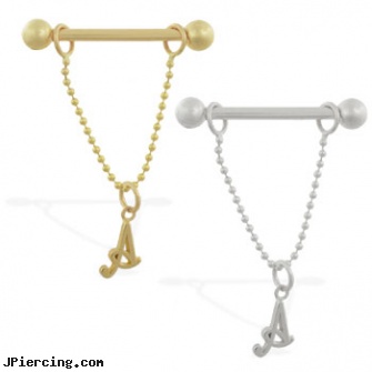 14K Gold nipple ring with dangling cursive initial A, 14 ga, nose screw white gold, gold nose rings from pakistan, 14kt gold navel jewelry jewelry deep, nipple piercing stories, erotic non pierced nipple jewelry