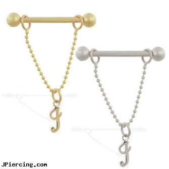 14K Gold nipple ring with dangling cursive initial I, 14kt gold belly ring, white gold body jewelry, 14k gold diamond nose piercing, nipple rings canada, nipple ring pics