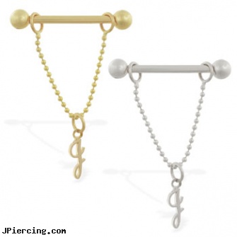 14K Gold nipple ring with dangling cursive initial J, gold talon body jewelry, gold labrets, fake gold nose ring, clitoris and nipple piercing, dangers of nipple piercings